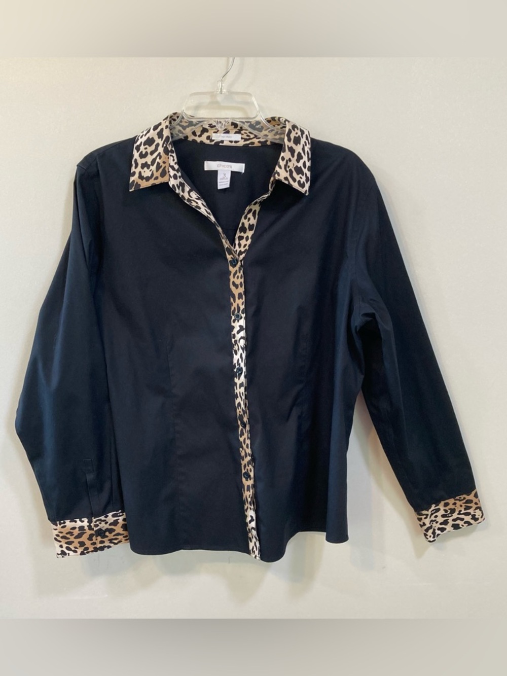 Chico's Black Button-Down Shirt with Leopard Trim